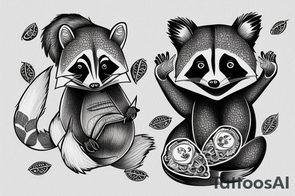 Raccoon and shrimp holding an avocado tattoo idea