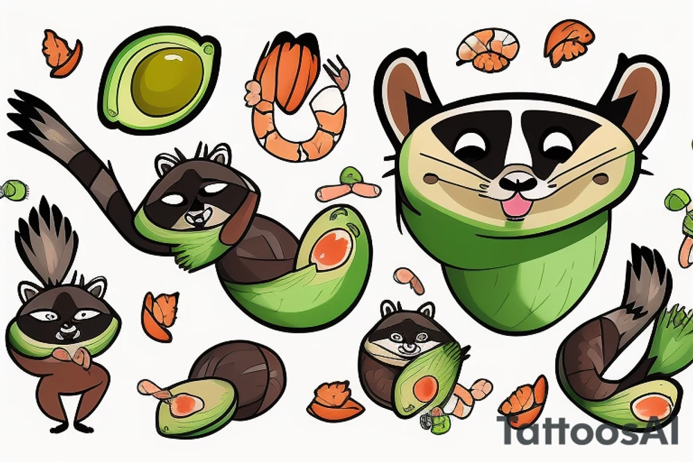 Raccoon and shrimp holding an avocado tattoo idea
