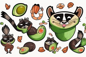 Raccoon and shrimp holding an avocado tattoo idea