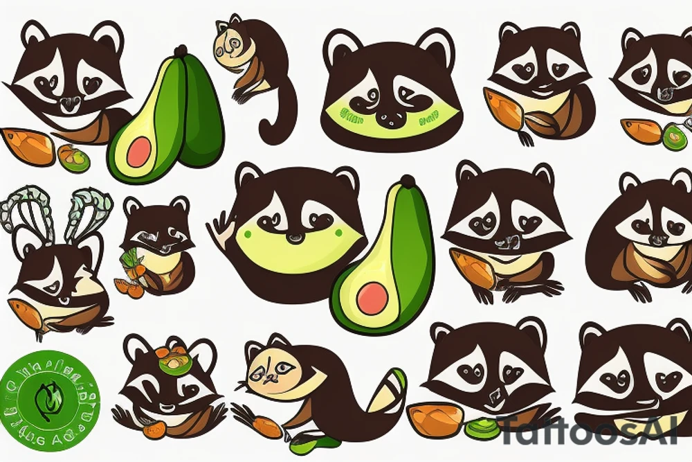 Raccoon and shrimp holding an avocado tattoo idea