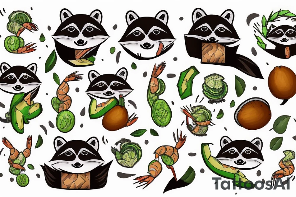 Raccoon, shrimp, avocado tattoo idea