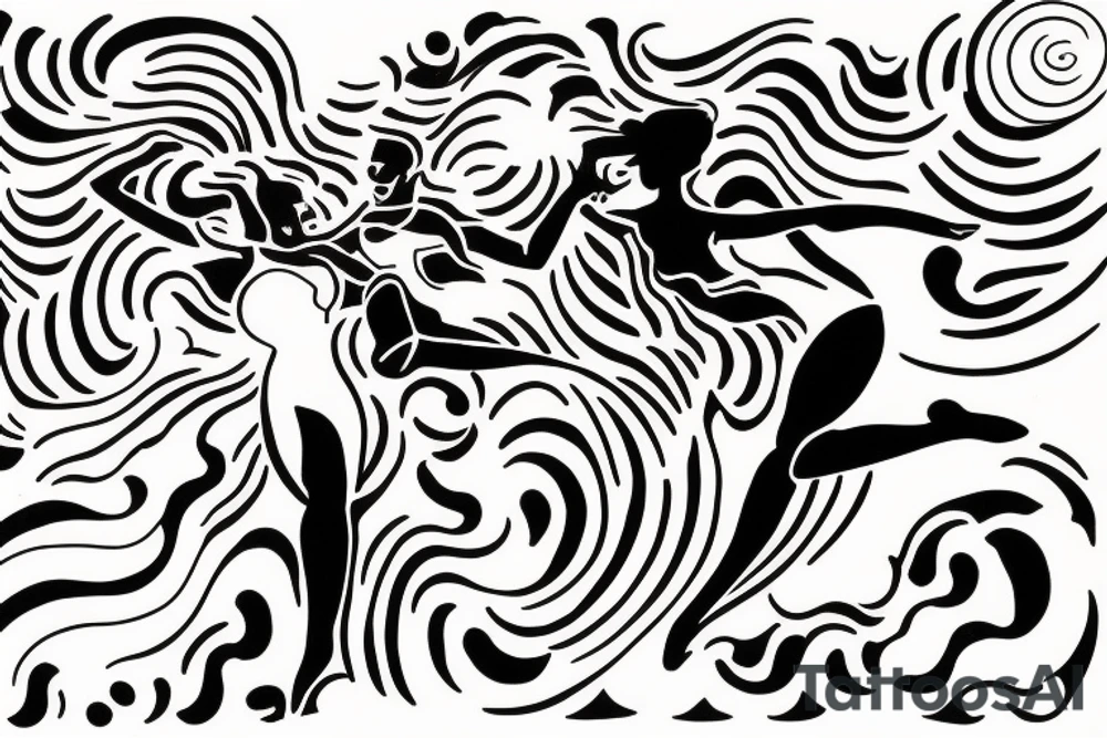 It has waves from sea storm and 2 dancing people in the midle from Matisse "Dance" tattoo idea
