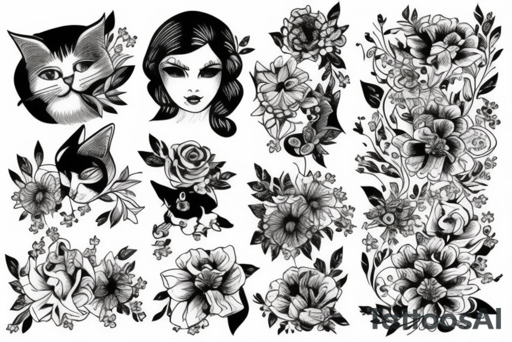 Flowers and cat tattoo idea