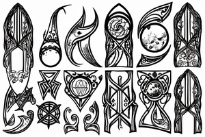 gothic spire, below are orbits and planets , all in engraving medieval style tattoo idea