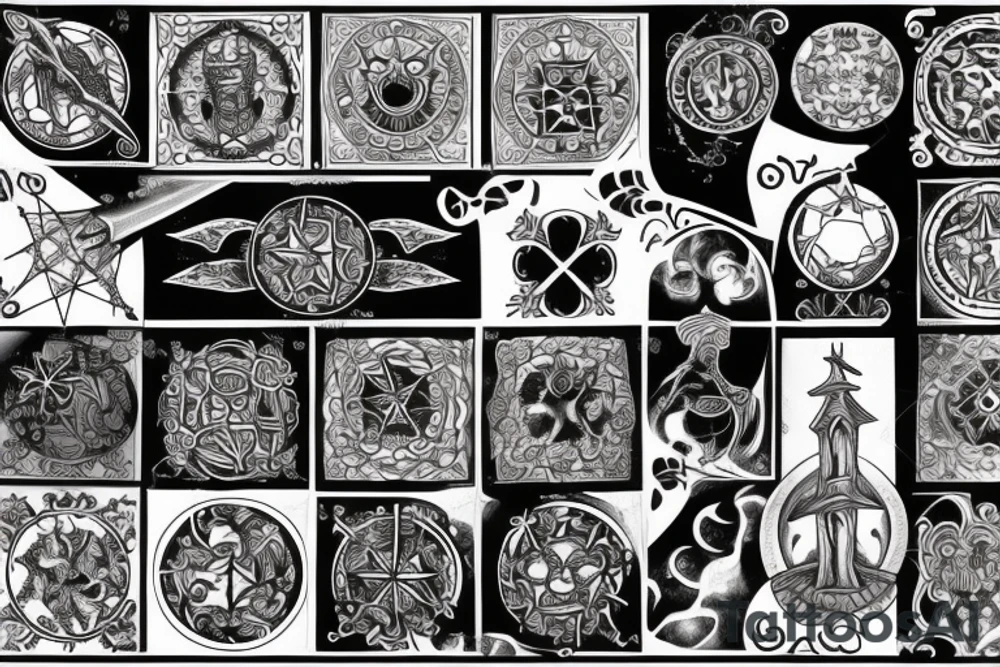 gothic spire, below are orbits and planets , all in engraving medieval style tattoo idea