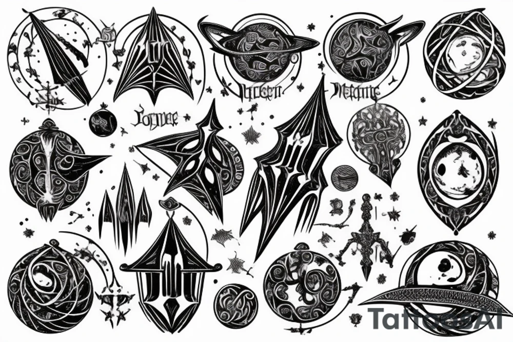 gothic spire, below are orbits and planets , all in engraving medieval style tattoo idea