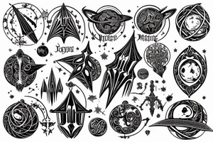 gothic spire, below are orbits and planets , all in engraving medieval style tattoo idea