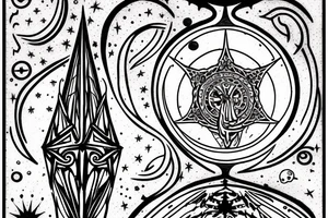 gothic spire, below are orbits and planets , all in engraving medieval style tattoo idea