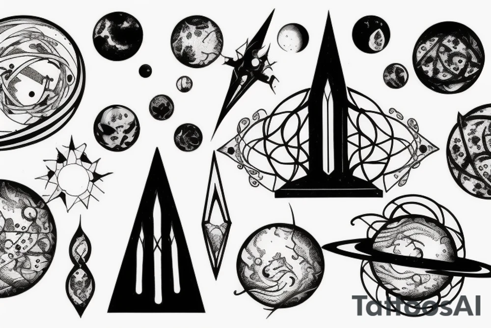 gothic spire, below are orbits and planets tattoo idea