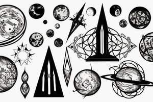 gothic spire, below are orbits and planets tattoo idea