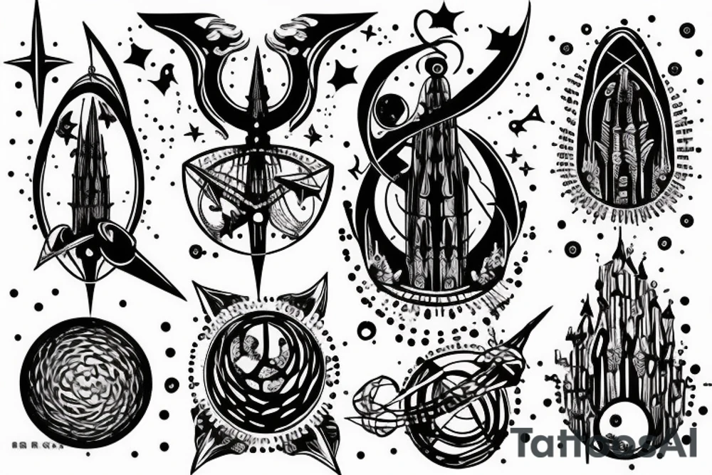gothic spire, below are orbits and planets tattoo idea
