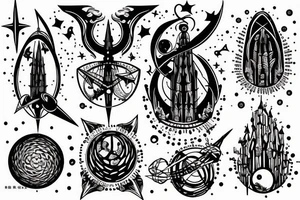 gothic spire, below are orbits and planets tattoo idea