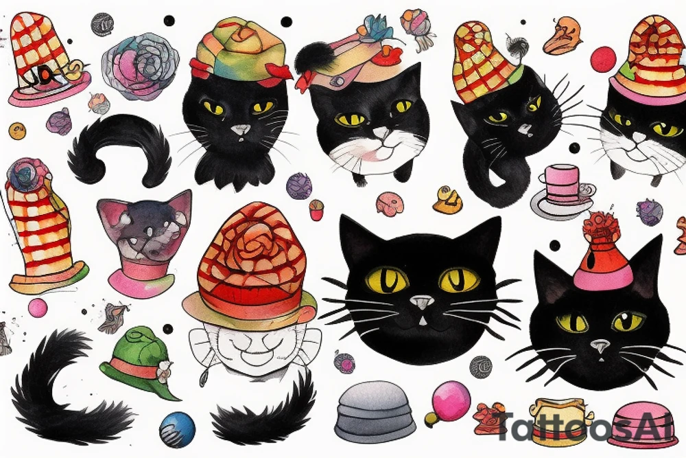 Black cat with funny hat and a sweater tattoo idea
