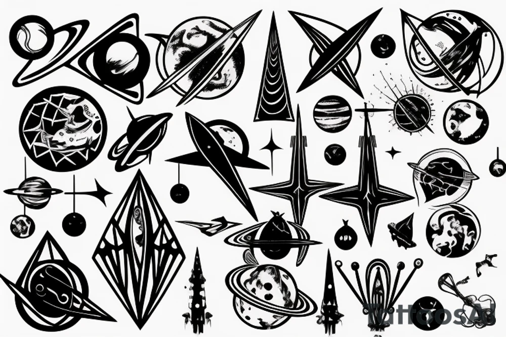 gothic spire, below are orbits and planets tattoo idea