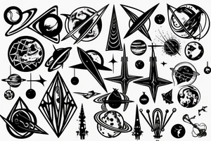 gothic spire, below are orbits and planets tattoo idea