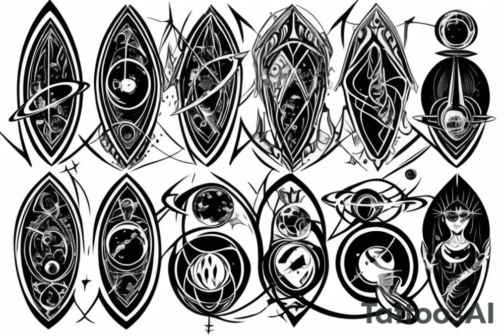 gothic spire, below are orbits and planets tattoo idea