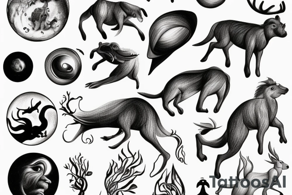 Animal jumping from a Prisma, planets, melting time, forest tattoo idea