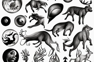 Animal jumping from a Prisma, planets, melting time, forest tattoo idea