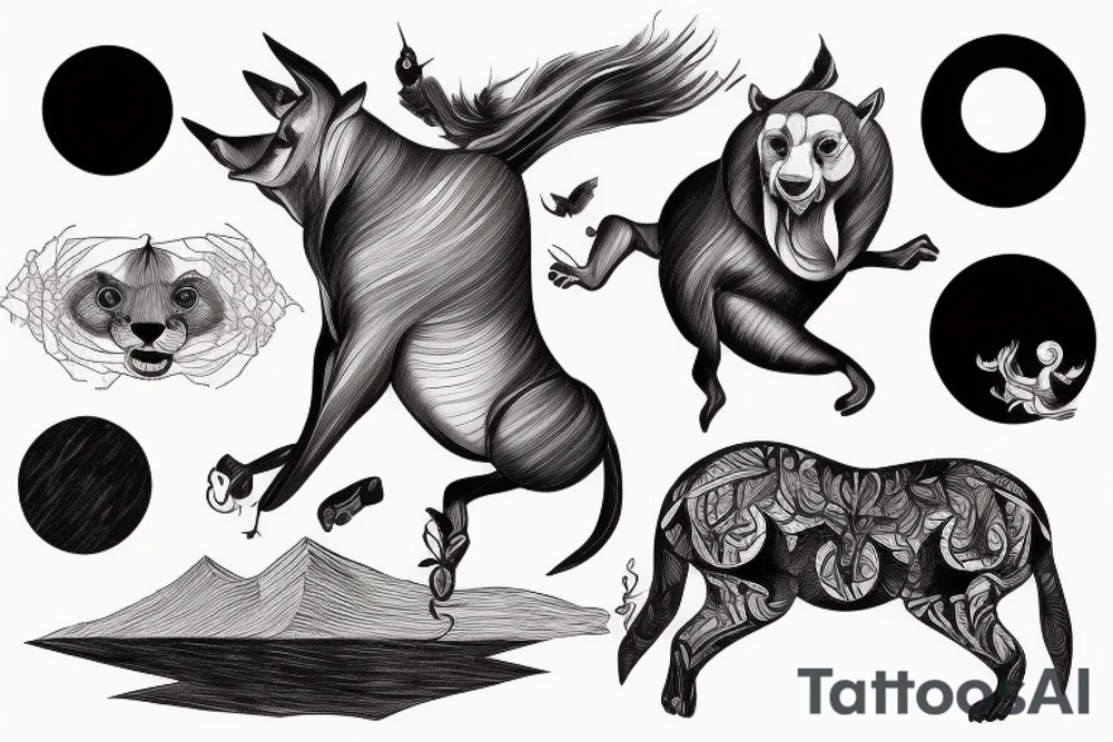 Animal jumping from a Prisma, planets, melting time, forest tattoo idea