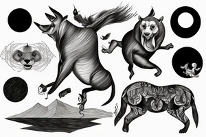 Animal jumping from a Prisma, planets, melting time, forest tattoo idea
