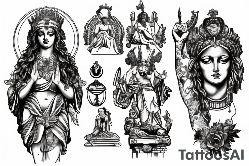 Statue of the goddess Themis split into several parts tattoo idea