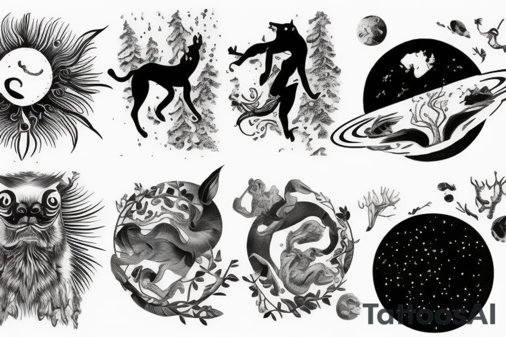 Animal jumping from a Prisma, planets, melting time, forest tattoo idea