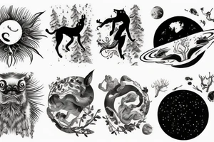 Animal jumping from a Prisma, planets, melting time, forest tattoo idea