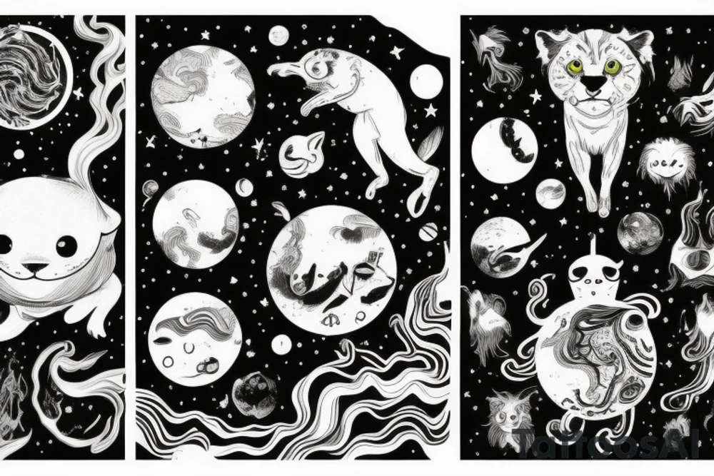 Animal jumping from a Prisma, planets, melting time, forest tattoo idea