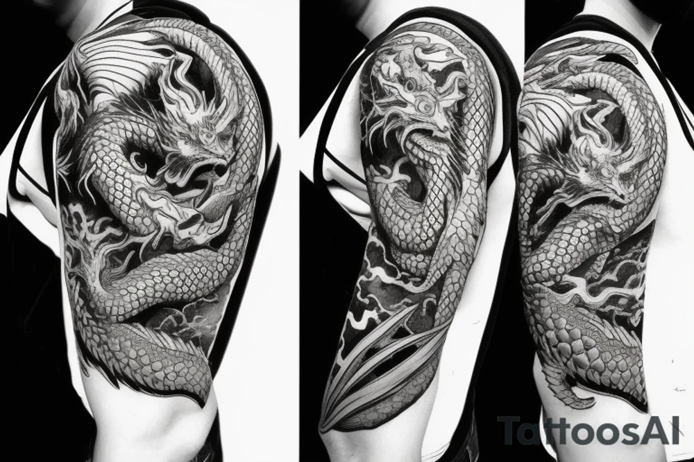 Dragon on shoulder and around the arm with red accents tattoo idea