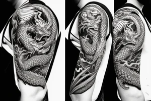 Dragon on shoulder and around the arm with red accents tattoo idea