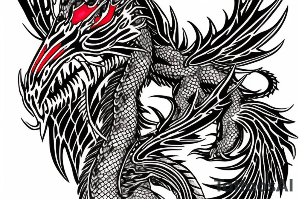Dragon on shoulder and around the arm with red accents tattoo idea