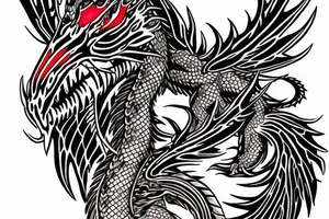 Dragon on shoulder and around the arm with red accents tattoo idea