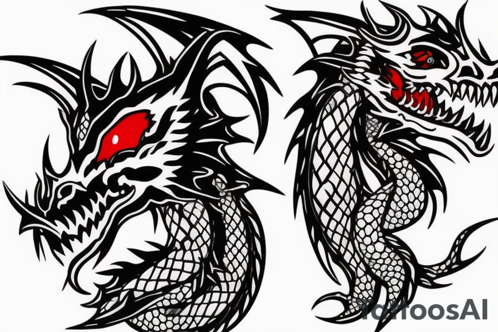 Dragon on shoulder and around the arm with red accents tattoo idea