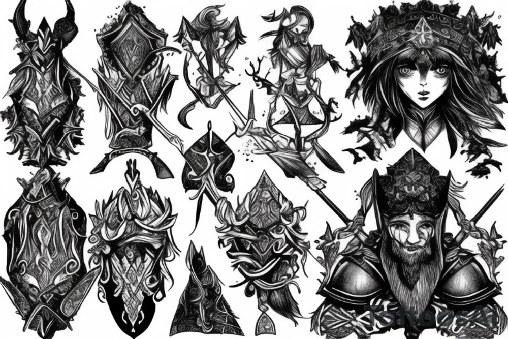 Man with armour and sword un magical forest tattoo idea