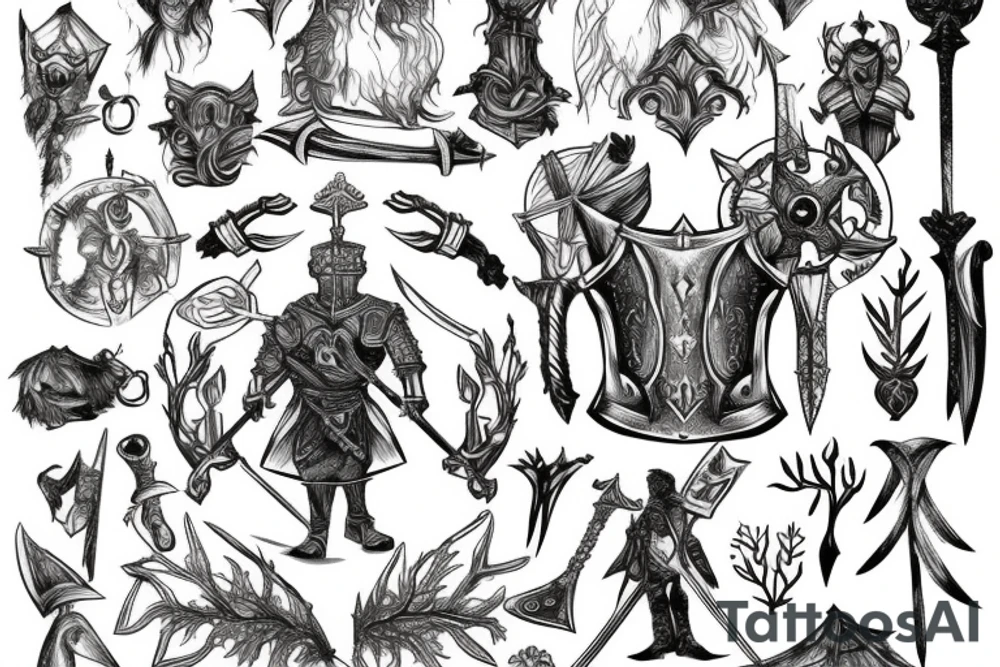 Man with armour and sword un magical forest tattoo idea