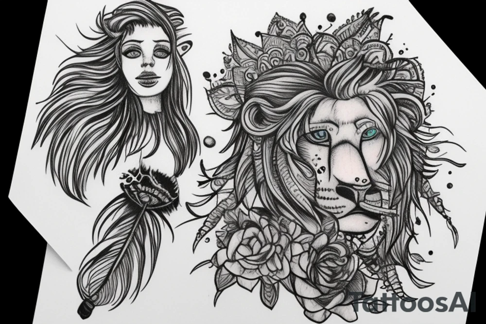 girl with lion hoody, feathers and elephant tattoo idea
