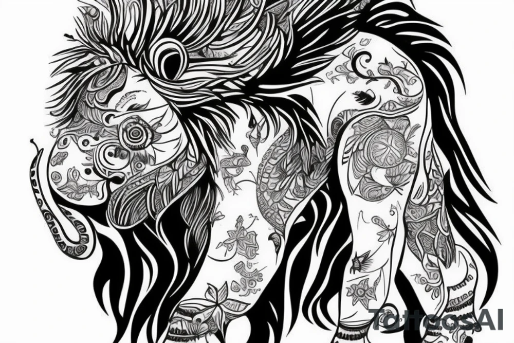 girl with lion hoody, feathers and elephant tattoo idea