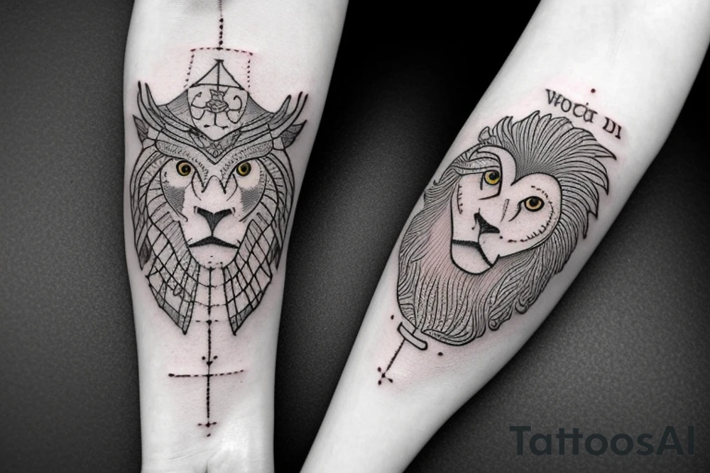 an ancient coin that has the 4 stoic virtues on it. a lion, an owl, a scale and an anchor tattoo idea