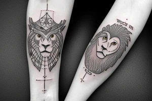 an ancient coin that has the 4 stoic virtues on it. a lion, an owl, a scale and an anchor tattoo idea