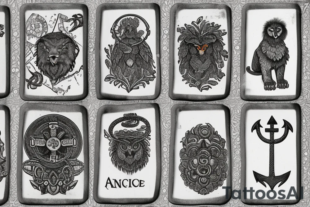 an ancient coin that has the 4 stoic virtues on it. a lion, an owl, a scale and an anchor tattoo idea