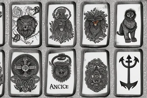 an ancient coin that has the 4 stoic virtues on it. a lion, an owl, a scale and an anchor tattoo idea