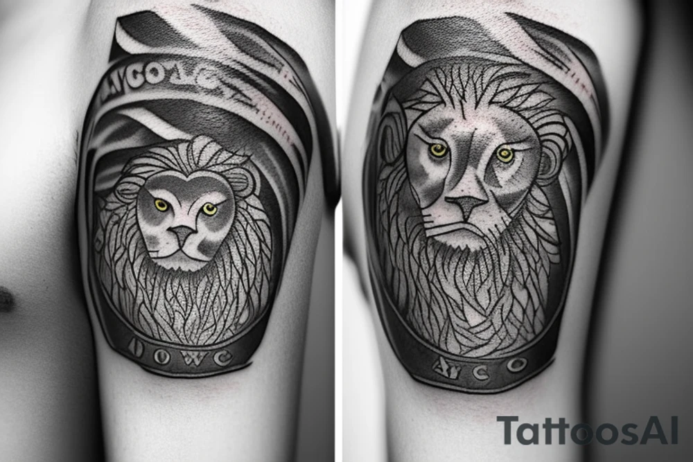 an ancient coin that has the 4 stoic virtues on it. a lion, an owl, a scale and an anchor. The tattoo should be round like a coin and and the symvols should be each in a quarter of the coin. tattoo idea