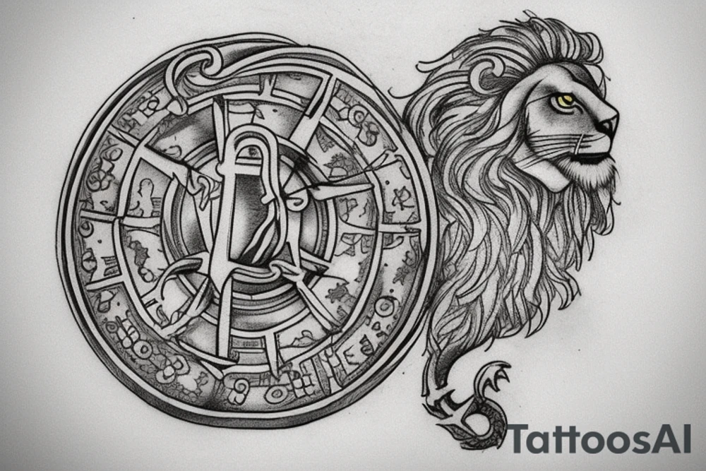 an ancient coin that has the 4 stoic virtues on it. a lion, an owl, a scale and an anchor. The tattoo should be round like a coin and and the symvols should be each in a quarter of the coin. tattoo idea