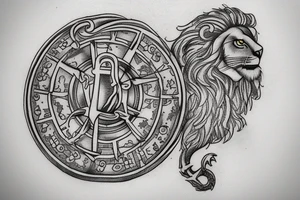 an ancient coin that has the 4 stoic virtues on it. a lion, an owl, a scale and an anchor. The tattoo should be round like a coin and and the symvols should be each in a quarter of the coin. tattoo idea