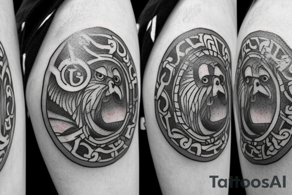 an ancient coin that has the 4 stoic virtues on it. a lion, an owl, a scale and an anchor. The tattoo should be round like a coin and and the symvols should be each in a quarter of the coin. tattoo idea