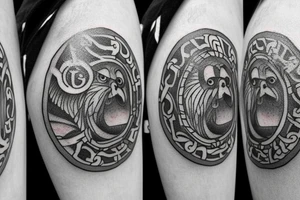 an ancient coin that has the 4 stoic virtues on it. a lion, an owl, a scale and an anchor. The tattoo should be round like a coin and and the symvols should be each in a quarter of the coin. tattoo idea