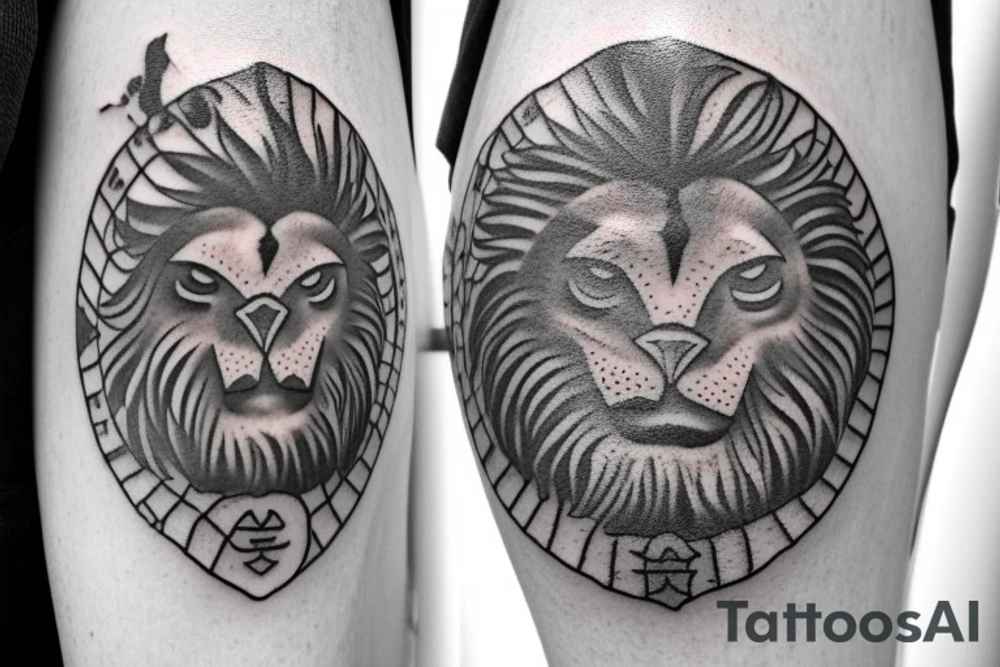 an ancient coin that has the 4 stoic virtues on it. a lion, an owl, a scale and an anchor. The tattoo should be round like a coin and and the symvols should be each in a quarter of the coin. tattoo idea
