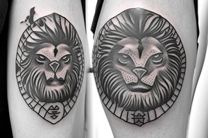 an ancient coin that has the 4 stoic virtues on it. a lion, an owl, a scale and an anchor. The tattoo should be round like a coin and and the symvols should be each in a quarter of the coin. tattoo idea