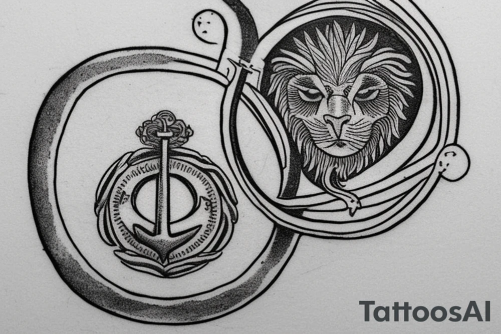 an ancient coin that has the 4 stoic virtues on it. a lion, an owl, a scale and an anchor. The tattoo should be round like a coin and and the symvols should be each in a quarter of the coin. tattoo idea