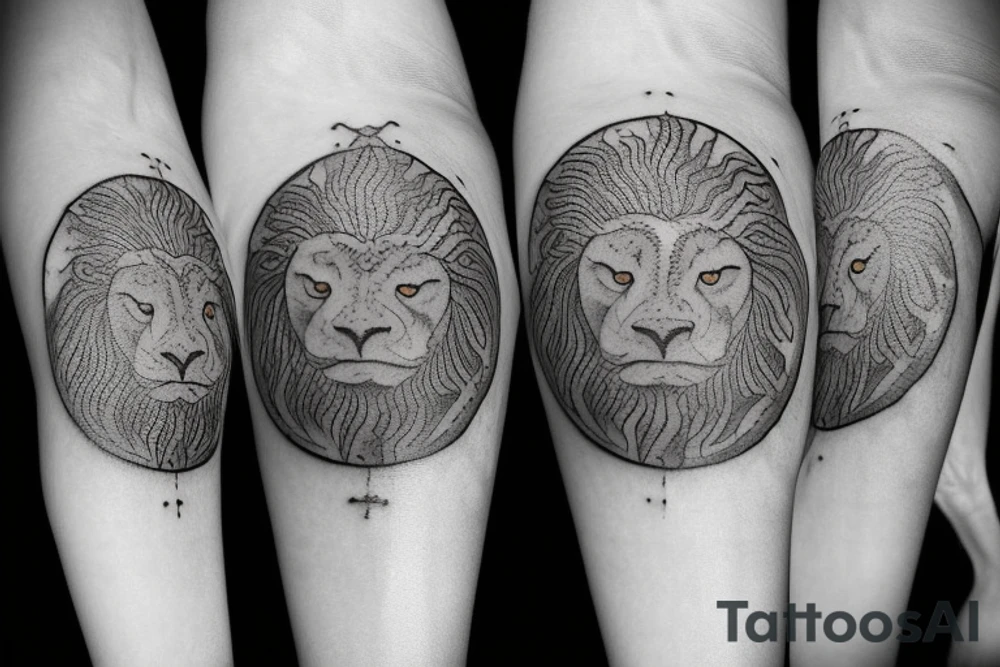 an ancient coin that has the 4 stoic virtues on it. a lion, an owl, a scale and an anchor. The tattoo should be round like a coin and and the symvols should be each in a quarter of the coin. tattoo idea